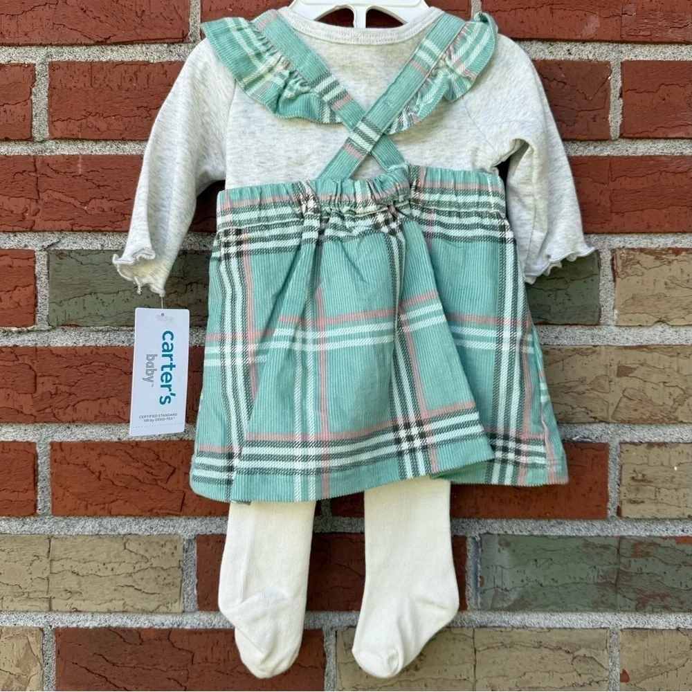 Carter’s Matching Three Piece NWT Green White Shirt + Dress + Tights Set 👶🏻
